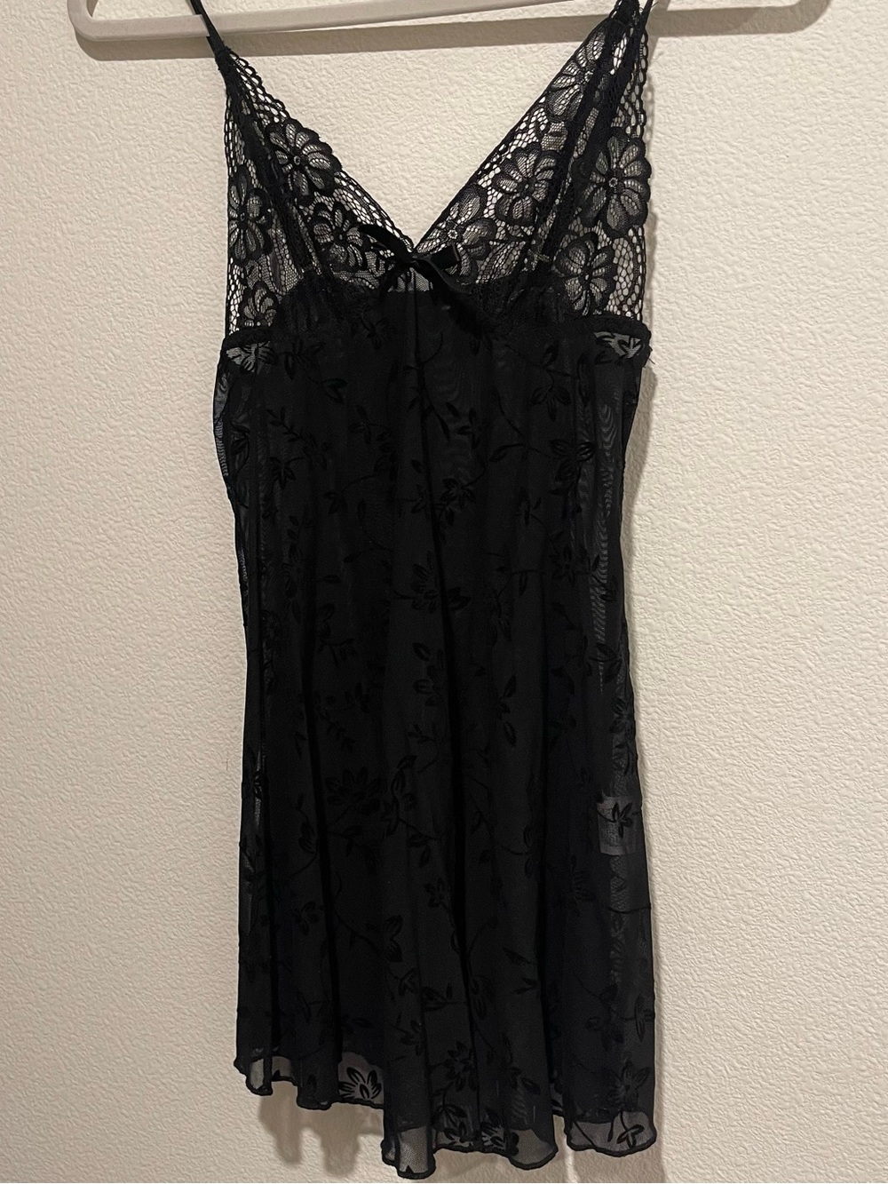 Sheer Black Floral Lace Chemise Slip with V-Neck